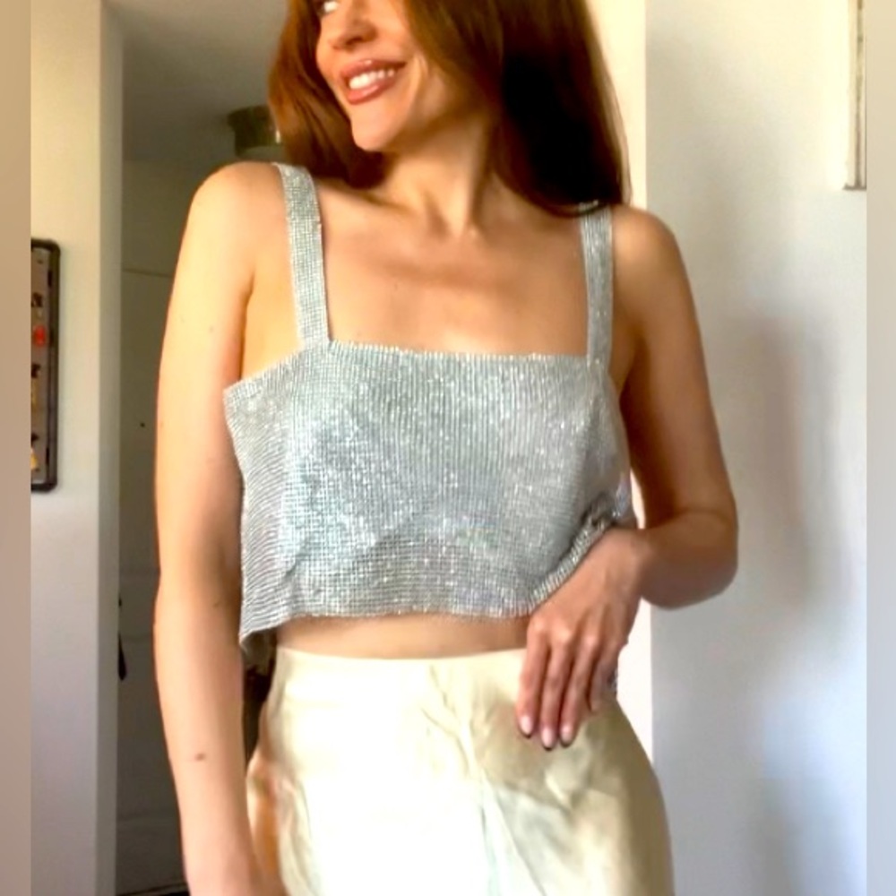 Sparkly silver Sleeveless Crop Tank Top with Cut Out
